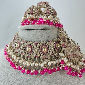HotPink Rani Antique Shadow Stone Pearl Choker Necklace with earrings and tikka and Passa Bridal necklace Indian Pakistani Punjabi Wedding
