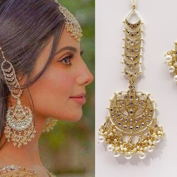 Restocked Gold Kundan Tikka w/Earring Set/ Indian Bridal Maang Tikka /Teeka Tika Headpiece Pearl Jewelry Women Bollywood Bridesmaid Gifts