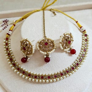 Ruby Antique Polki Kundan Necklace set, Indian necklace,Antique Dull Gold necklace, Indian,Pakistani Jewelry,Indian Wedding,Bridal set image 3