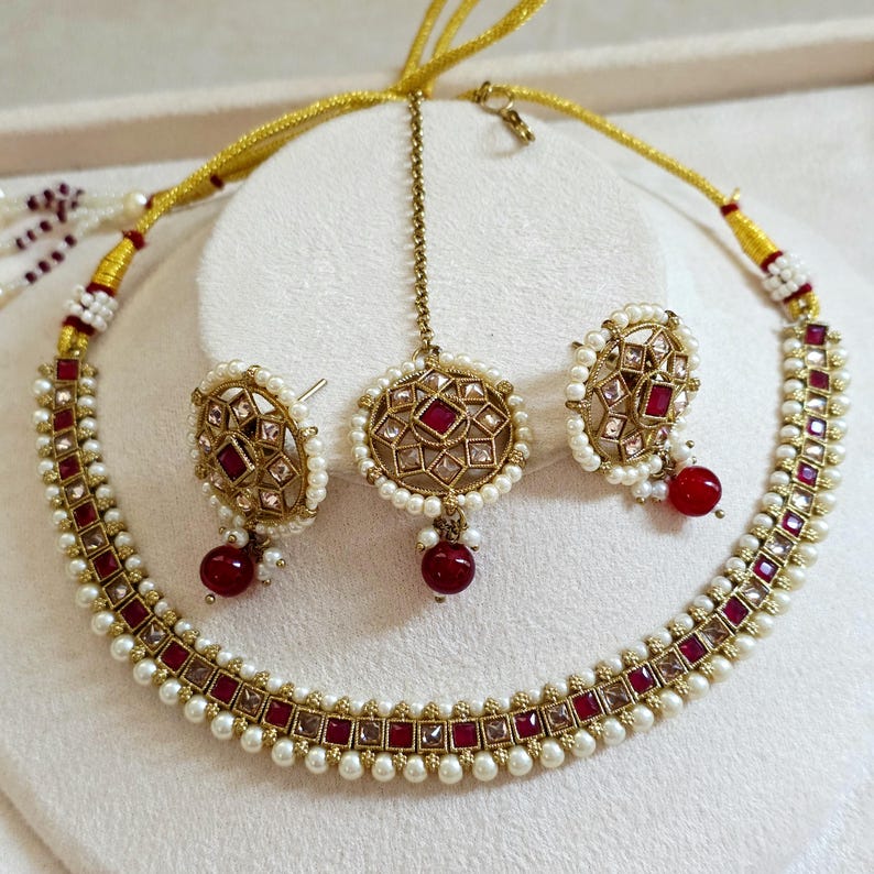 Ruby Antique Polki Kundan Necklace set, Indian necklace,Antique Dull Gold necklace, Indian,Pakistani Jewelry,Indian Wedding,Bridal set image 3