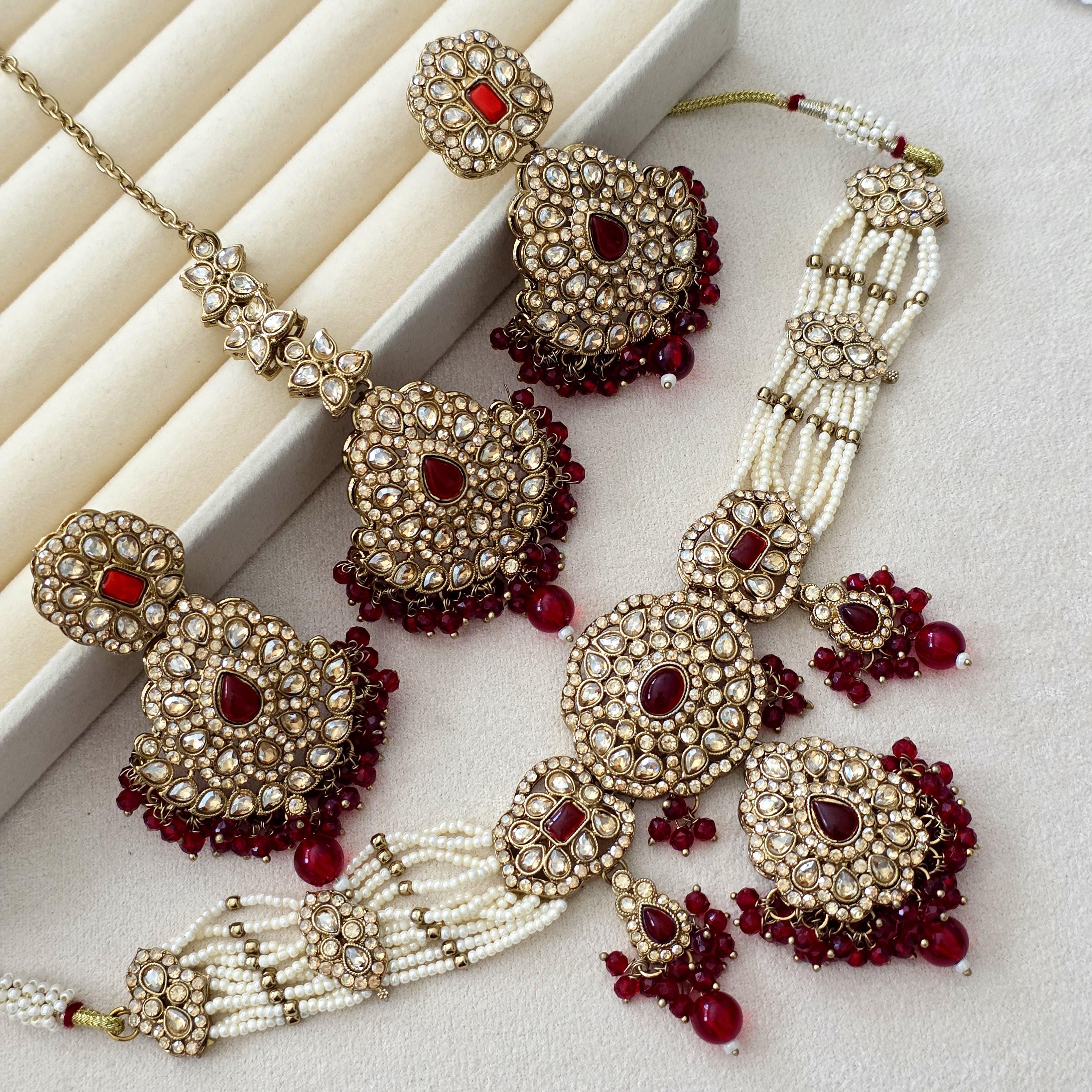 Maroon Red Shadow Stone Kundan Necklace Set/ Bollywood Jewelry