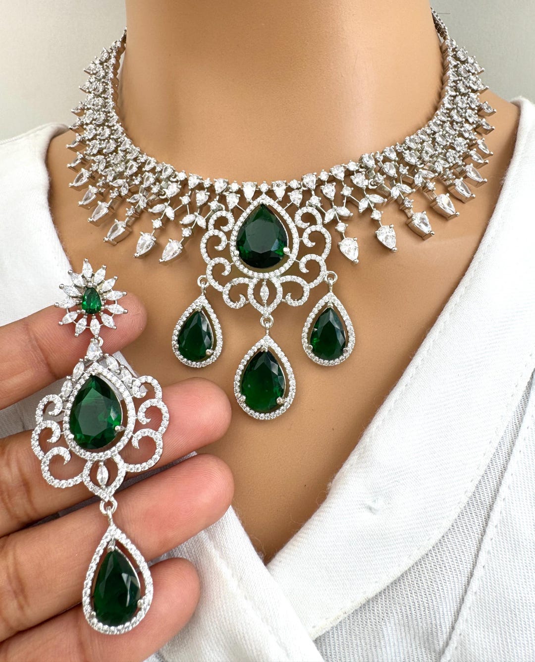 Emerald Green CZ Diamond Bridal Necklace Jewelry, Prom Jewelry