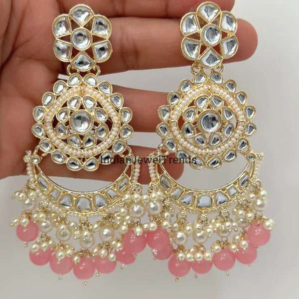 Pink Large gold kundan Earrings/Kundan Chandbali/Indian Earrings/pearl Earring/Statement Earrings/bridal/Indian Wedding/Pakistani