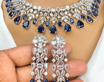 Niebieski srebrny naszyjnik z amerykańskimi diamentami/Zestaw naszyjników z diamentami/Cytatami/Elegancki/Unikatowa biżuteria/Indyjska/Pakistańska/Bollywood/Indyjski ślub/Ślub