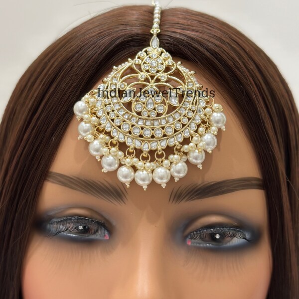 Large Kundan Maang tikka/Kundan Tikka/Indian forehead jewelry/Indian Wedding Jewelry/ Pakistani Jewelry/Jhoomer/Matha patti