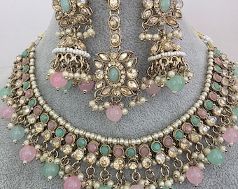 Conjunto de collar Kundan con piedra de sombra verde menta/Joyería de Bollywood/Joyería india/Collar pakistaní/Punjabi/Collar nupcial/Boda india