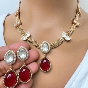Ruby Doublet Antique Gold Kundan Necklace, South Indian Jewelry, Fusion Necklace Wedding necklace, Gold Necklace, Victorian uncut kundan