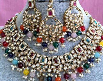 Multi Shadow Stone Kundan Necklace Set | Bollywood Wedding Jewelry | Indian Pakistani Wedding Necklace | Punjabi Jewelry|Statement Necklace