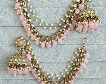 Pink kundan bahubali jhumka, Kundan jhumnka, bahubali earrings, Kundan Jewelry for wedding, indian pakistani jewelry