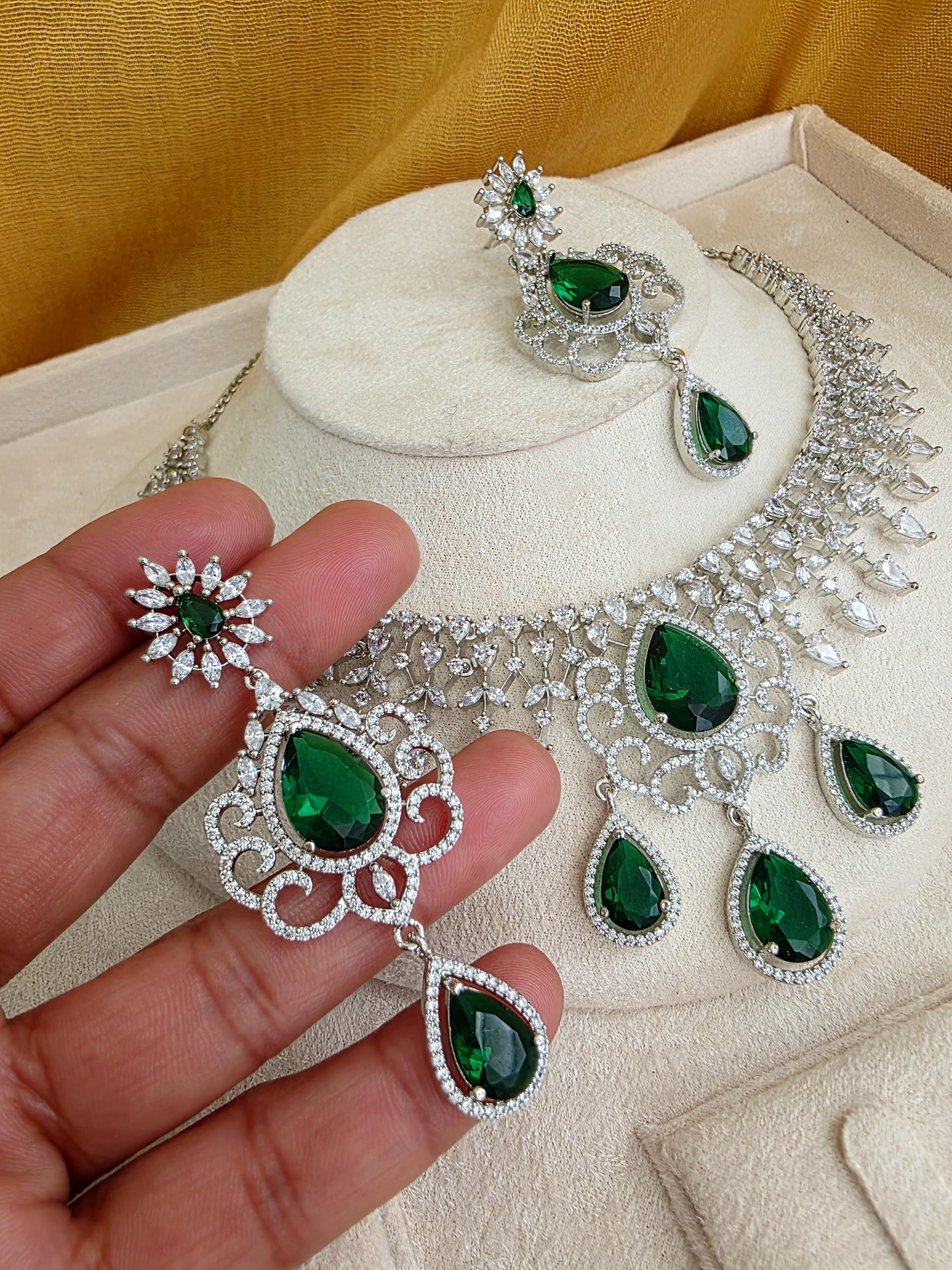 Emerald Green CZ Diamond Bridal Necklace Jewelry, Prom  display picture 3