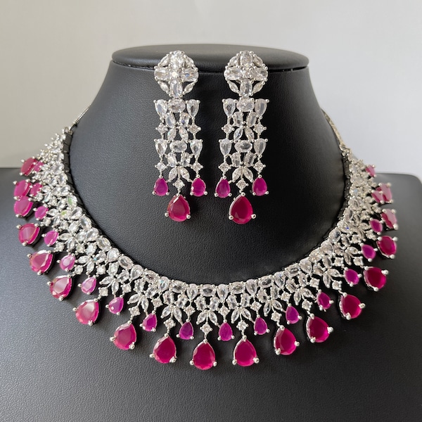 Ruby Silver American Diamond necklace/Diamond/CZ Stones Necklace Set/Elegant/Unique Jewelry/Indian/Pakistani/Bollywood/Indian Wedding/Bridal