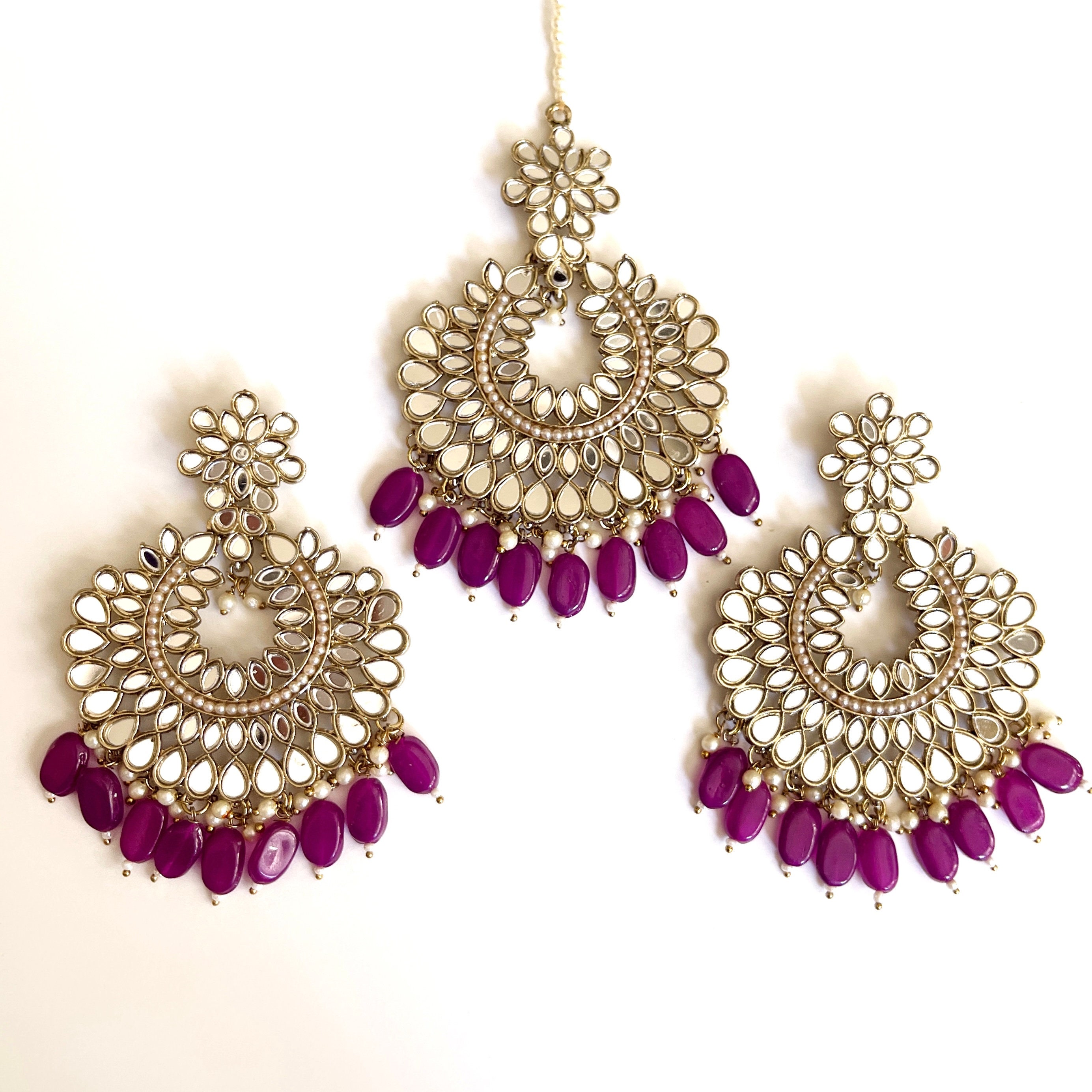 Buy Peach Chandbali Design Earrings With Maang Tikka Online From Wholesale  Salwar.