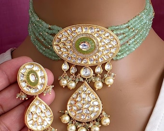 Mint Green Moissanite Tyaani Kundan necklace, Indian Pakistani wedding jewelry, bridal jewelry