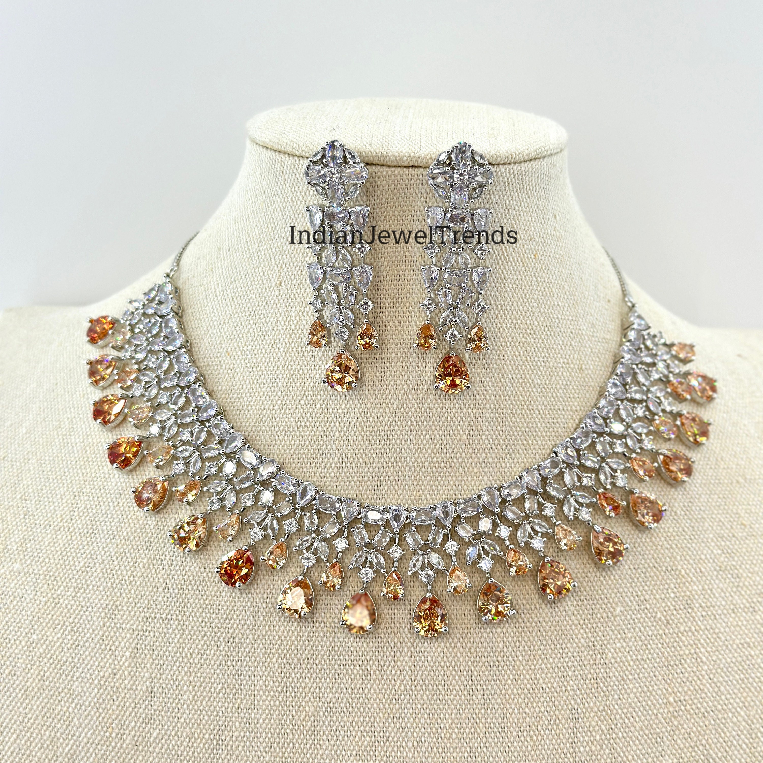 Champagner Silber American Diamant Halskette/Diamant/CZ Steine Halskette/Elegant/Einzigartig/Indisch/Pakistani/Bollywood/Indische Hochzeit/Braut