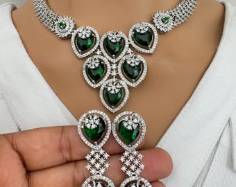 Emerald CZ diamond bridal necklace, American Diamond wedding necklace, Cz jewelry, Indian, Pakistani, Punjabi wedding jewelry