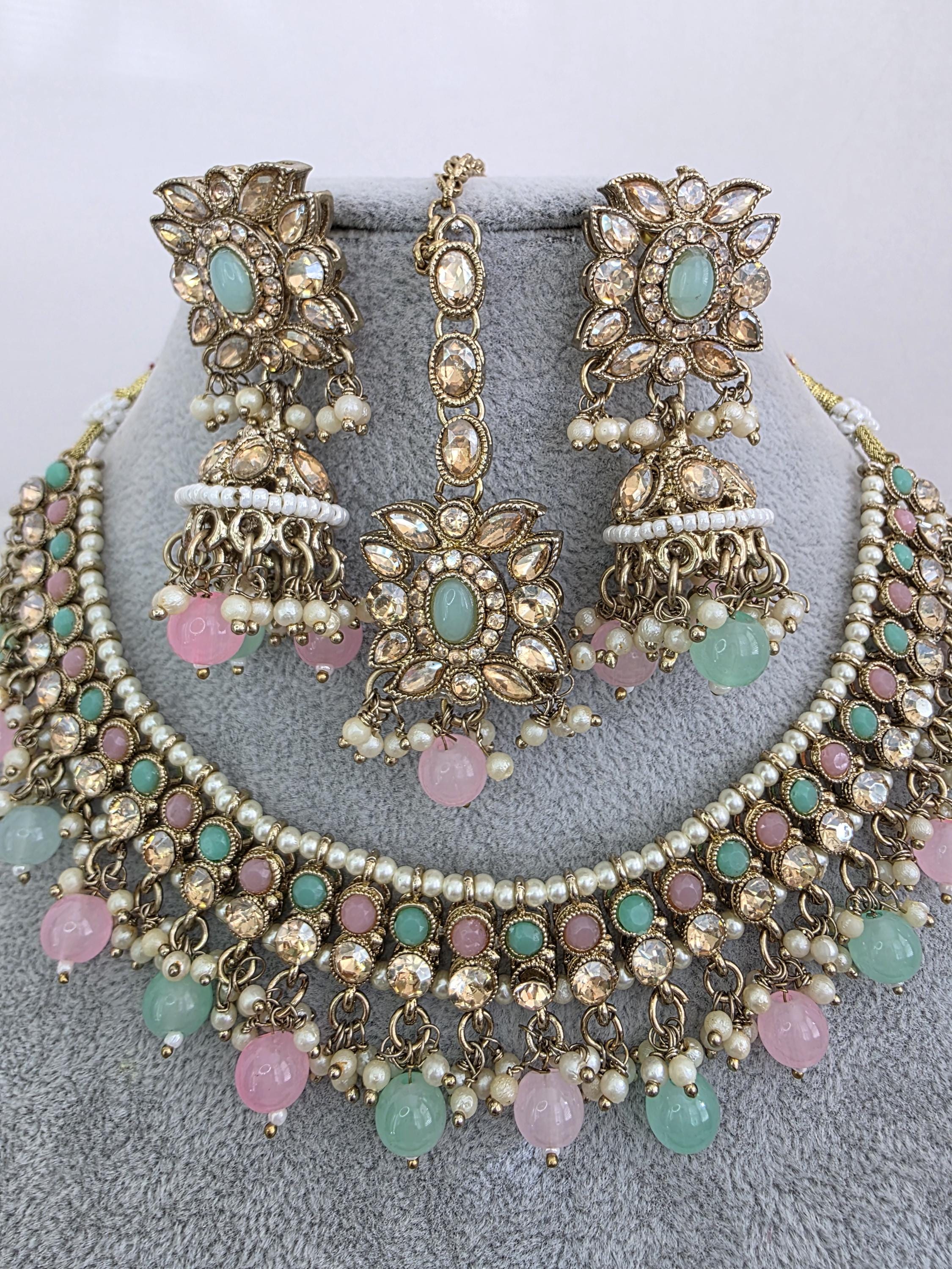 Mint Green Shadow Stone Kundan Necklace Set/ Bollywood Jewelry