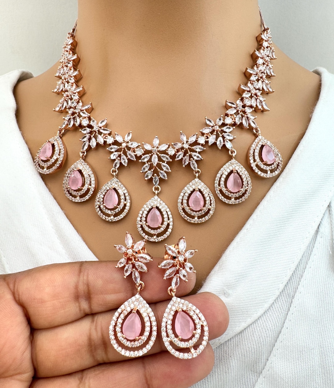Pink Rose Gold American Diamond necklace/Diamond/CZ Stones Necklace/Elegant/Unique Jewelry/Indian/Pakistani/Bollywood/Indian Wedding/Bridal