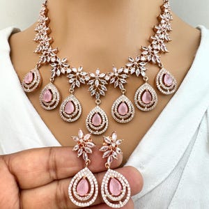 Pink Rose Gold American Diamond necklace/Diamond/CZ Stones Necklace/Elegant/Unique Jewelry/Indian/Pakistani/Bollywood/Indian Wedding/Bridal
