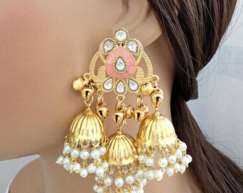 Pink Kashmiri Jhumka Earrings, Gold-plated Dangler Earrings/Brass Jhumkas/Ethnic Gungroo earrings/Trendy earrings/Statement earrings