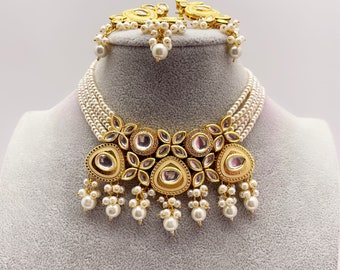 Kundan ChokerPearl Kundan Necklace Kundan Choker setBollywood JewelryIndian jewelryPakistani necklacepunjabi necklacebridal necklace