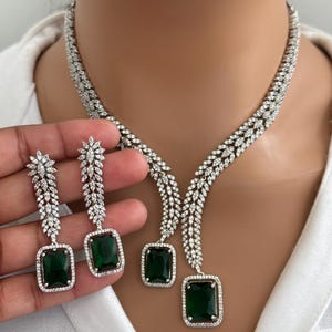 Emerald Green Silver CZ Diamond necklace, American Diamond Necklace,Indian pakistani jewelry for wedding, gift for her, bridal jewelry
