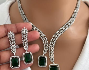 Smaragd Grün Silber CZ Diamant Halskette, Amerikanische Diamant Halskette, indische pakistanische Schmuck für Hochzeit, Geschenk für sie, Brautschmuck