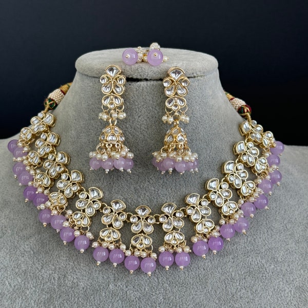 Lavender Kundan Necklace Set, Pearl Kundan Choker, Bollywood Jewelry, Indian Pakistani jewelry for wedding