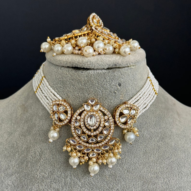 White Pearl Kundan Necklace Set/Kundan Choker/ Bollywood Jewelry/ Indian Pakistani necklace/ punjabi necklace/bridal necklace/indian wedding zdjęcie 1