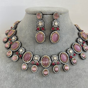 Pink Sabyasachi Inspired Victorian necklace, Antique Zirconium Diamond Statement Jewelry Set, Indian Pakistani wedding Jewelry image 4