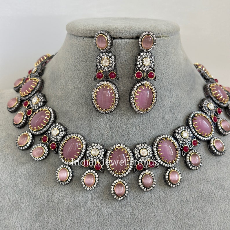 Pink Sabyasachi Inspired Victorian necklace, Antique Zirconium Diamond Statement Jewelry Set, Indian Pakistani wedding Jewelry image 4