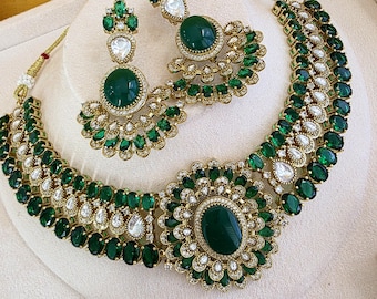 Green Victorian Moissanite Polki Kundan Necklace, Sabyasachi Necklace, Indian Bridal Jewelry, Bollywood Designer Necklace,Pakistani