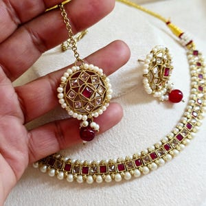 Ruby Antique Polki Kundan Necklace set, Indian necklace,Antique Dull Gold necklace, Indian,Pakistani Jewelry,Indian Wedding,Bridal set image 8