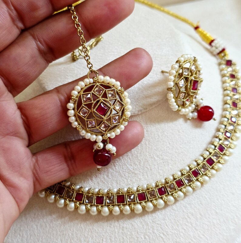 Ruby Antique Polki Kundan Necklace set, Indian necklace,Antique Dull Gold necklace, Indian,Pakistani Jewelry,Indian Wedding,Bridal set image 8