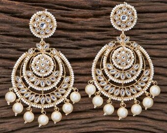 White gold Pearl Kundan chandbali Earrings, White chandbali earrings, Indian pakistani wedding jewelry, bridesmaid gift