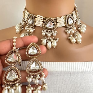 Weiße antike ungeschnittene Kundan Halskette Set/Kundan Choker/Bollywood Schmuck/ indischer Schmuck/ pakistanische Halskette/ Punjabi Halskette indische Hochzeit