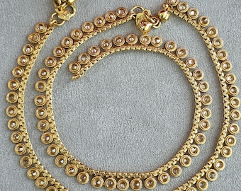 Gold Plated Polki Anklet Pair: Antique Delicate Indian Traditional Payal (10 Inch)