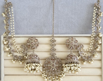 Antique Polki Kundan Jhumka Set: Bridal Statement Earrings with Mehendi Gold Plating