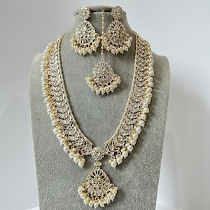 Pearl Kundan Long Necklace set/Gold pakistani maangtikka necklace/indian wedding Necklace/Long Kundan Adjustable length Necklace