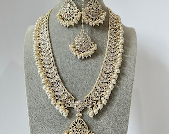 Pearl Kundan Long Necklace set/Gold pakistani maangtikka necklace/indian wedding Necklace/Long Kundan Adjustable length Necklace