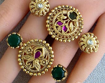 Bridal Double Finger Gold Kundan Polki Ring/Adjustable Ring/Indian Ring/ Pakistani Jewelry/ Indian Jewelry/Bollywood Jewelry/Indian Wedding