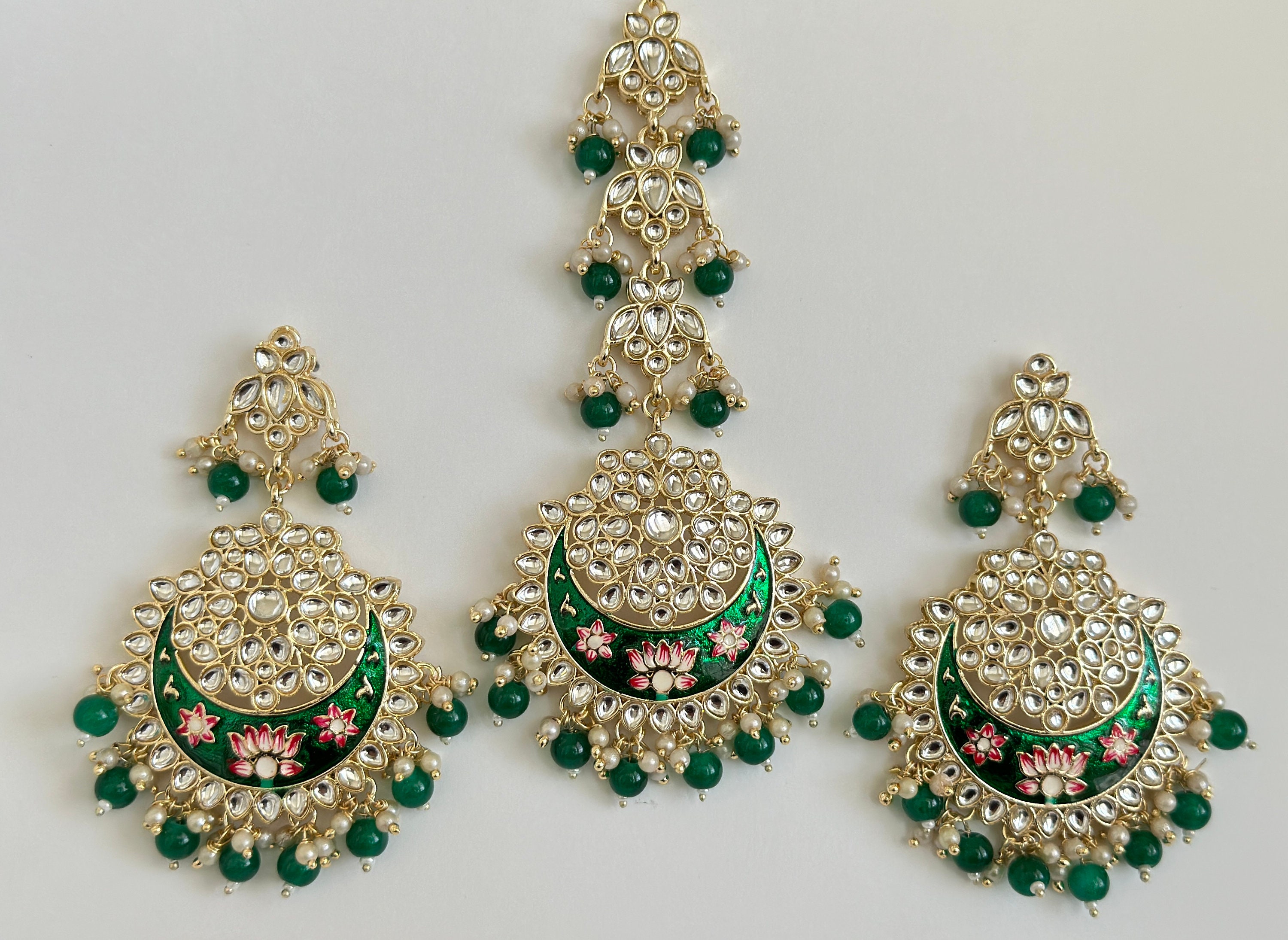 Floral Design Mint Green Gold Kundan Choker set with maang Tikka