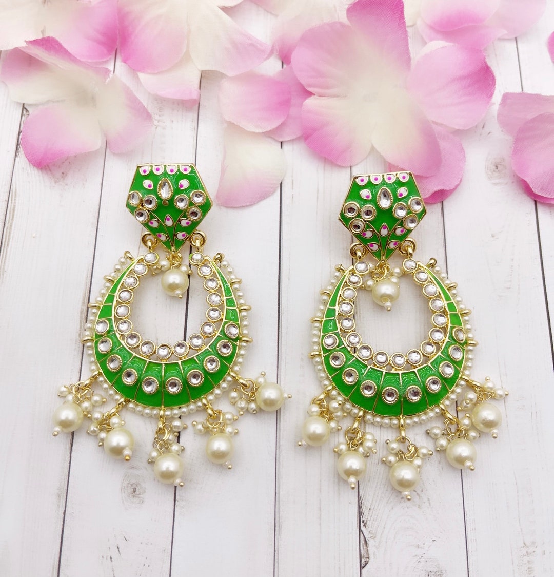 Light Weight Kundan Earrings/ Kundan Meenakari Chandbali/indian