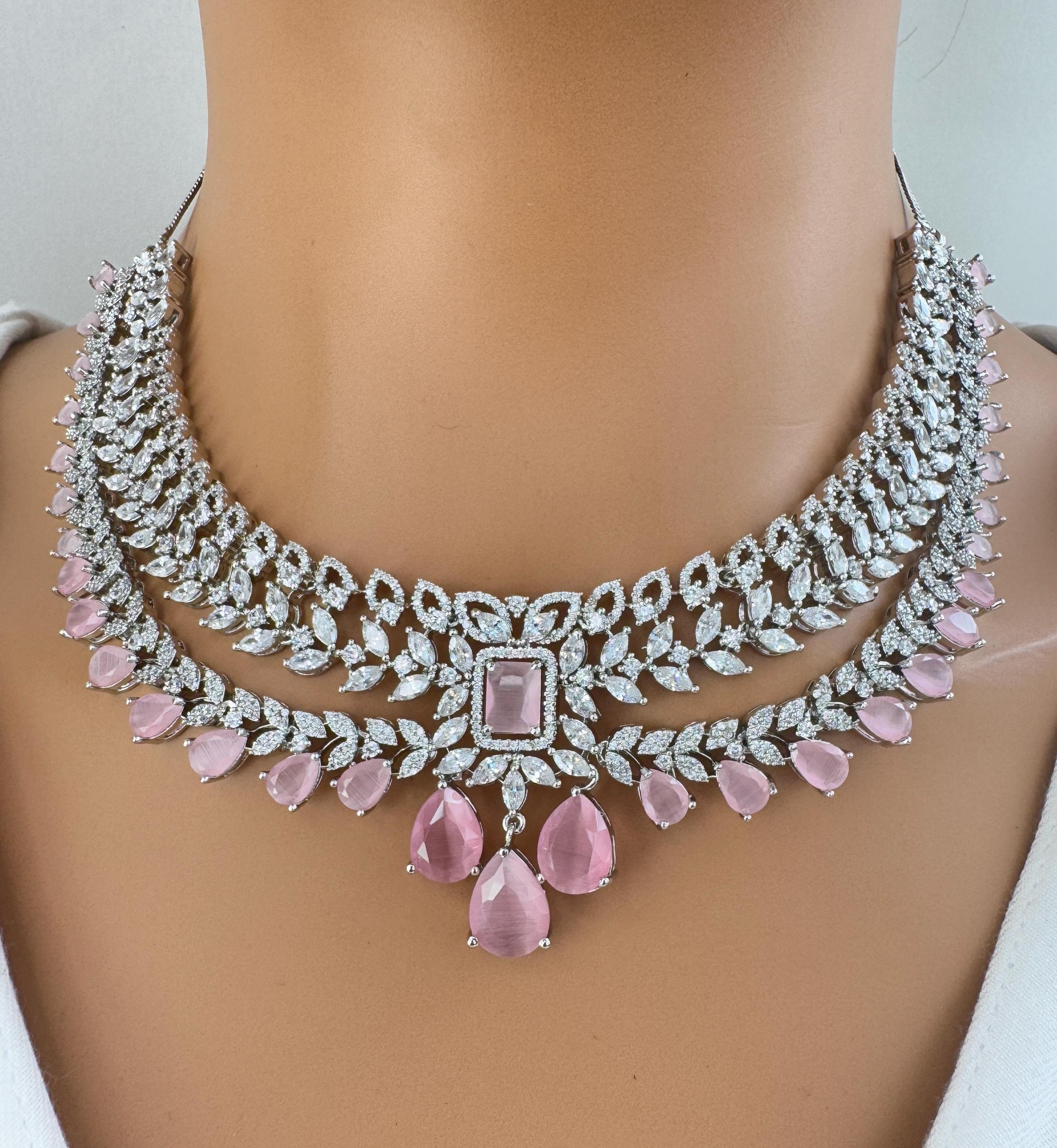 Pink Cz Diamond Necklace, American Diamond, Necklace,indian Pink Cz Diamond Necklace, American Diamond, Necklace,indian