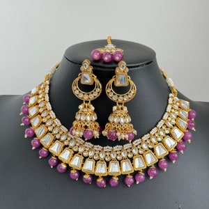 Purple Kundan Necklace Set, Pearl Kundan Choker, Bollywood Jewelry, Indian Pakistani jewelry for wedding