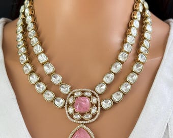 Pink Doublet Victorian Moissanite Layered Necklace, Semi-precious Pendant Necklace, Indian Bridal Jewelry, Bollywood Sabyasachi Necklace