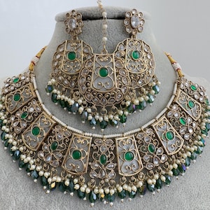 Green Polki Kundan Necklace set/Statement Necklace Set/Indian Jewelry/Pakistani Jewelry set/Wedding necklace/Bridal necklace/Indian