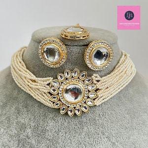 Kundan Pearl Necklace Set/ Kundan Choker/ Bollywood Jewelry/ Indian jewelry/ Pakistani necklace/ punjabi necklace/bridal /indian wedding
