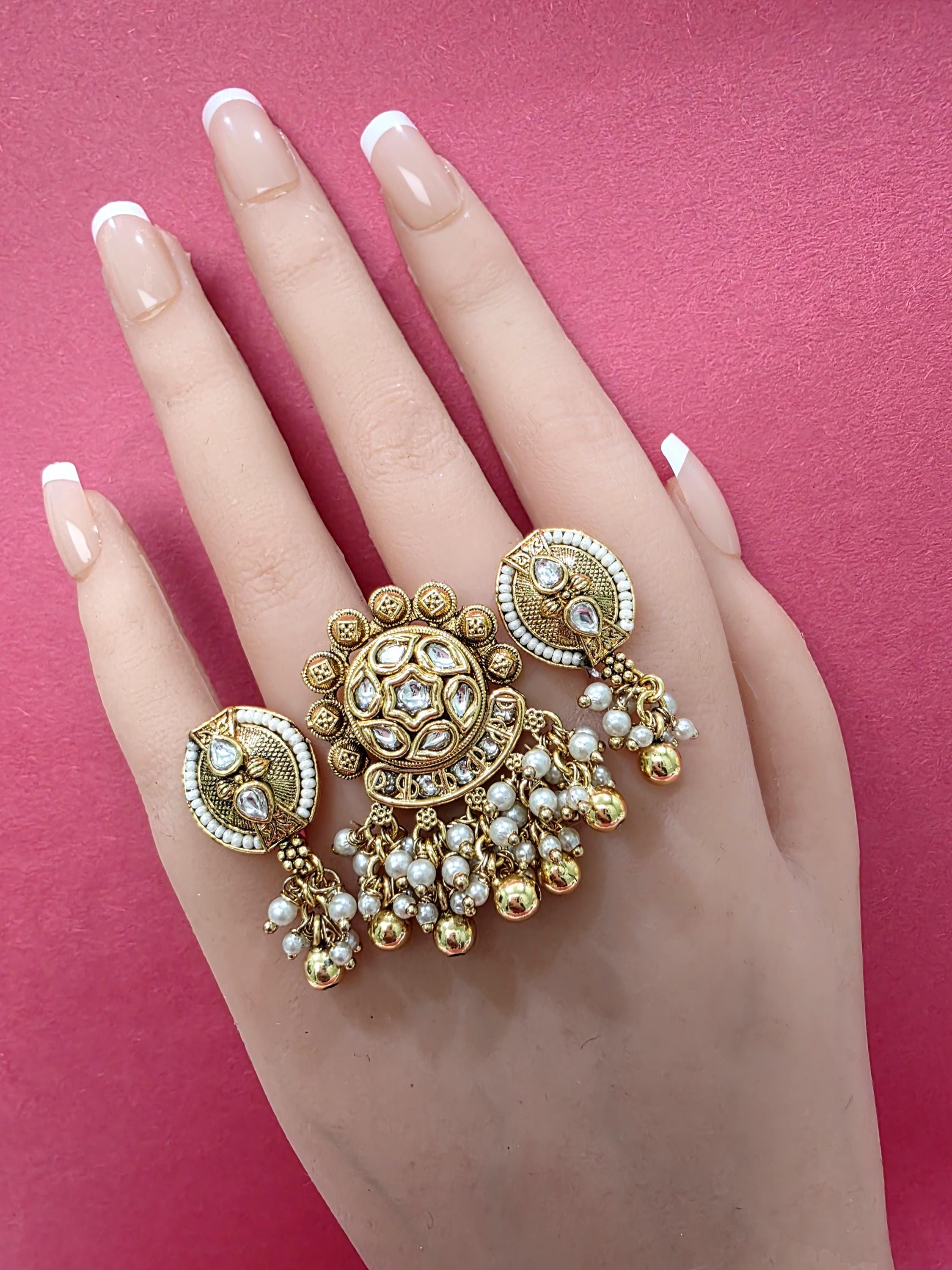 Antique Gold Double Finger Kundan Heritage Ring/adjustable Ring