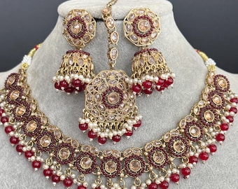 Collar antiguo de polki kundan en rojo granate/collar con anuncio inverso/collar llamativo/collar indio/punjabi/joyería paquistaní/collar de novia