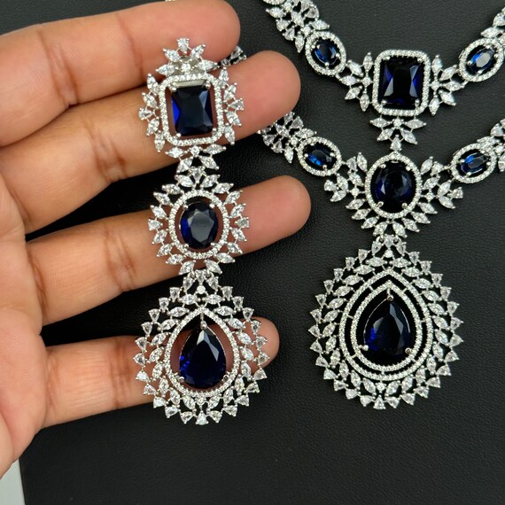 Sapphire Silver Cz American Diamond necklace Diamond CZ Stones Necklace Set Elegant Unique Jewelry Bollywood Indian Wedding Bridal